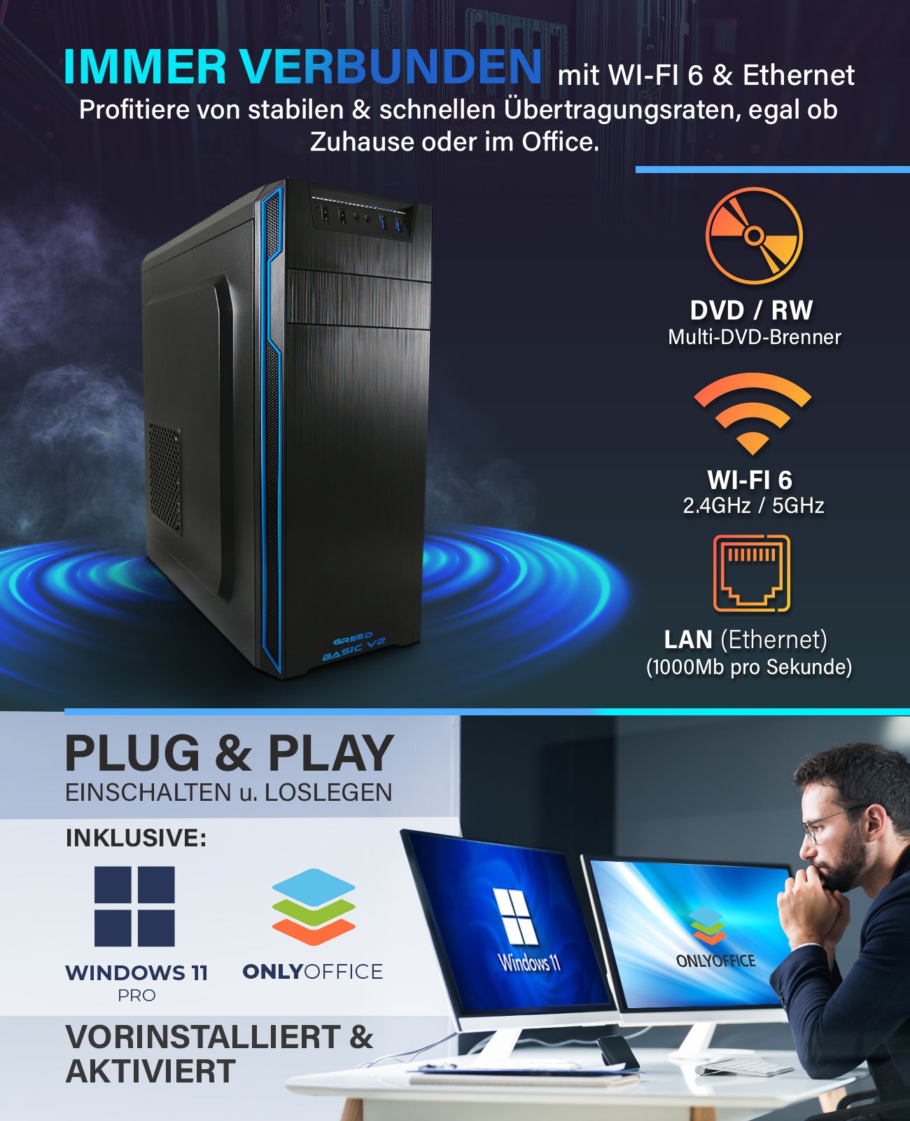 Greed® Basic V2 PC mit Intel Core i5 10400 - Schneller Rechner + Computer für Büro & Homeoffice Greed® Basic V2 PC mit Intel Core i5 10400 - Schneller Rechner + Computer für Büro & Homeoffice
